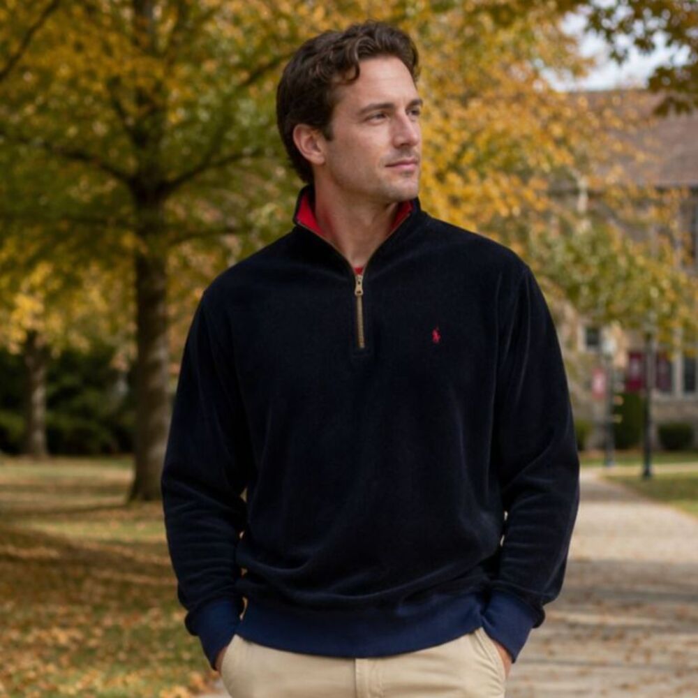 Polo Ralph Lauren Vintage Quarter Zip Fleece Navy Red Collar Pony Men L 90s